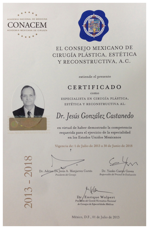 Certificado del Consejo Mexicano de Cirugía Plástica, Estética y Reconstructiva