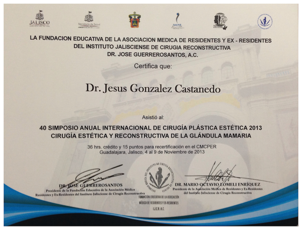 Certificado del Simposio Anual Internacional de Cirugía Plástica 2013